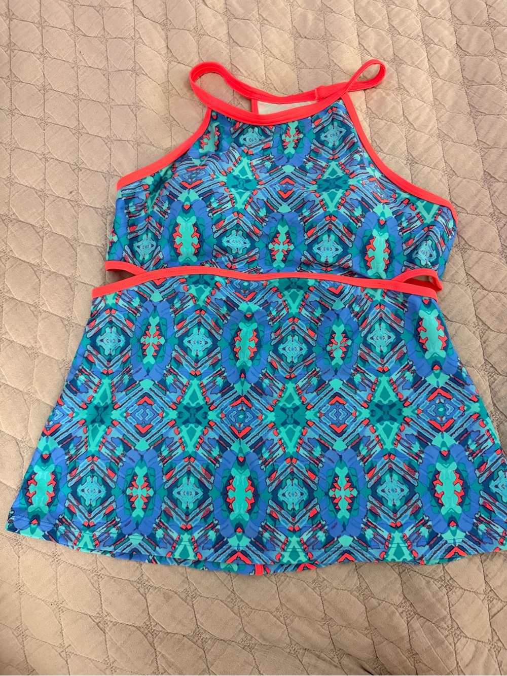 ZELOS Blue & Teal Geometric Tank Top with Coral Trim